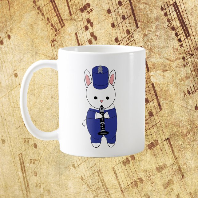 Marching Band Clarinet Rabbit Blue and White Coffee Mug (A mug with a rabbit playing the clarinet in a blue and white marching band uniform.)