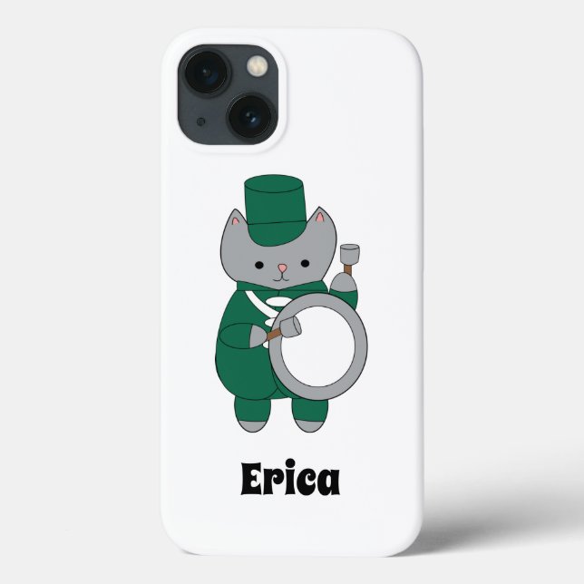 Marching Band  Drummer Cat Green White Personalize Case-Mate iPhone Case (Back)
