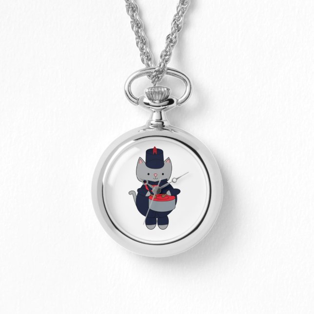 Marching Band Drummer Cat Navy Blue Red Watch (Front)