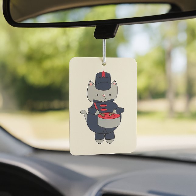 Marching Band Gray Cat Drummer Navy Blue Red Air Freshener (An air freshener with a cat playing the drums while wearing a navy blue & red marching band uniform.)