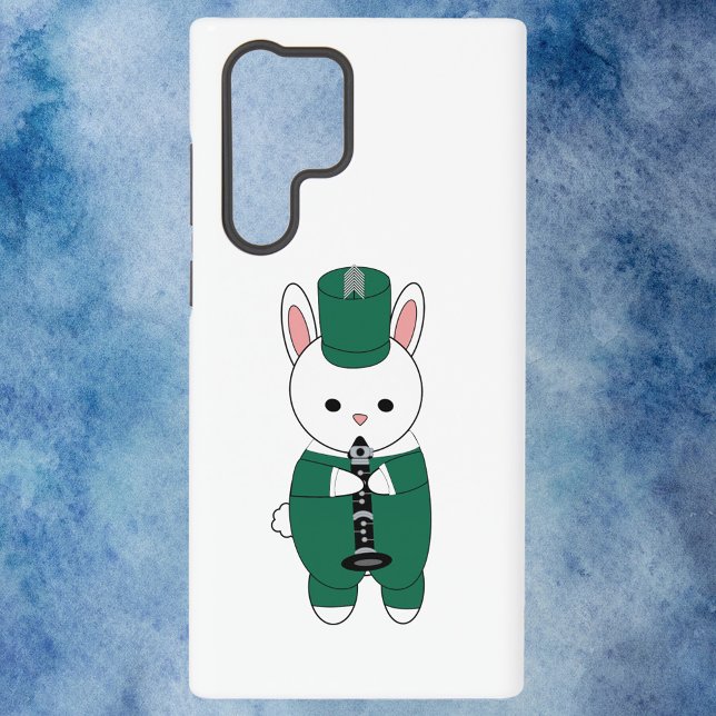 Marching Band Rabbit Clarinet Green White Samsung Galaxy S22 Ultra Case (A phone case with a white rabbit playing the clarinet.)