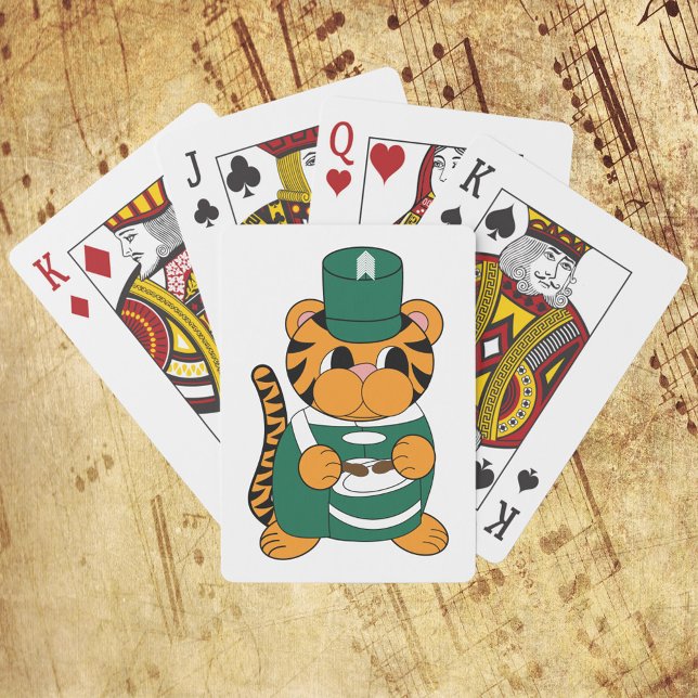 Marching Band Tiger Drummer Green and White Playing Cards (Playing cards featuring a tiger in a green & white marching band uniform while playing drums.)