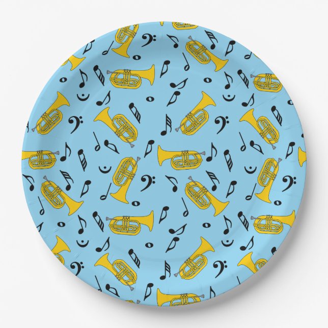 Marching Baritone Music Notes Bass Clefs Paper Plate (Front)