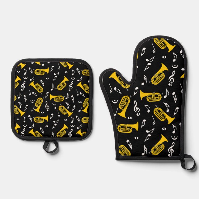 *Marching Baritone Music Notes Oven Mitt & Pot Holder Set (Front)
