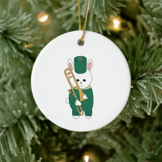 Marching Bunny Trombone Green Gold Personalize Ceramic Ornament (Tree)