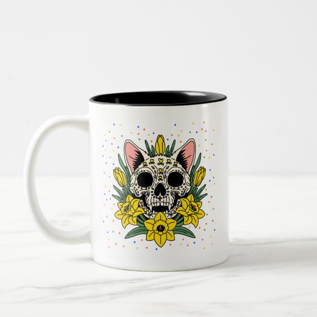 March's Daffodil & Cat Skull Two-Tone Coffee Mug (Left)