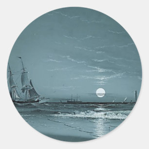 Marcus Larson entrance-to-harbour-moonlight-1881 m Classic Round Sticker