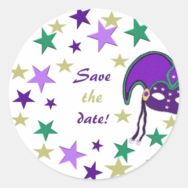 Mardi Gra Themed Save The Date Stickers (Front)