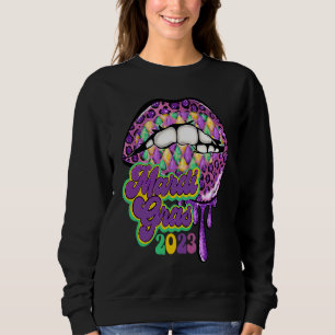 Mardi Gras 2023 Womens Beads Leopard Lips Carnival Sweatshirt