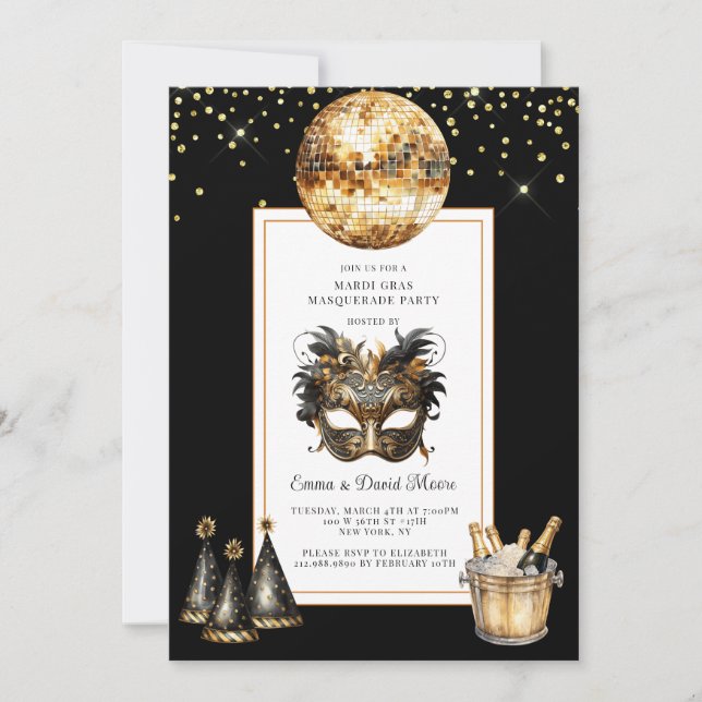 Mardi Gras 2026 Black Gold Glitter Invitation (Front)