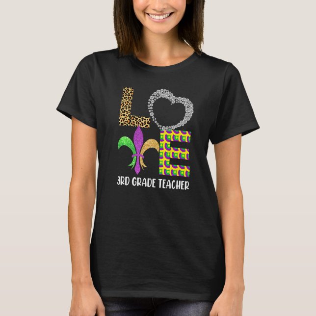Mardi Gras 3rd Grade Teacher Beads Mask Feather Co T-Shirt (Front)