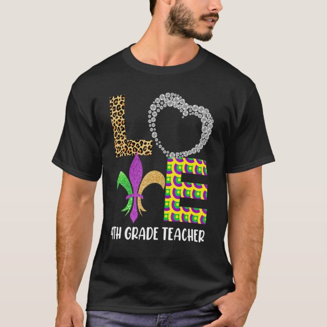 Mardi Gras 4th Grade Teacher Beads Mask Feather Co T-Shirt (Front)