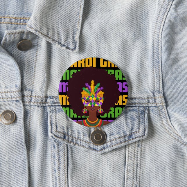 MARDI GRAS Afro Queen 3 Inch Round Button (In Situ)