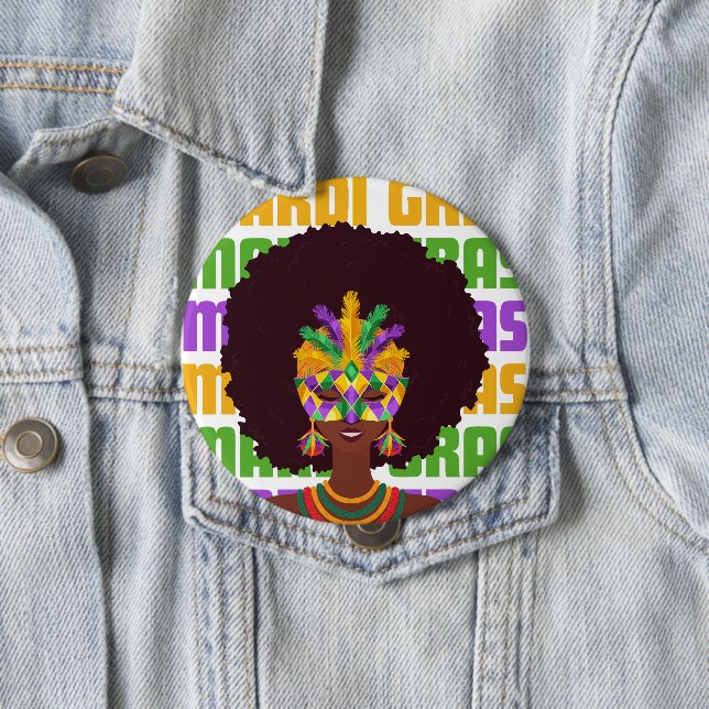 MARDI GRAS Afro Queen 4 Inch Round Button (In Situ)