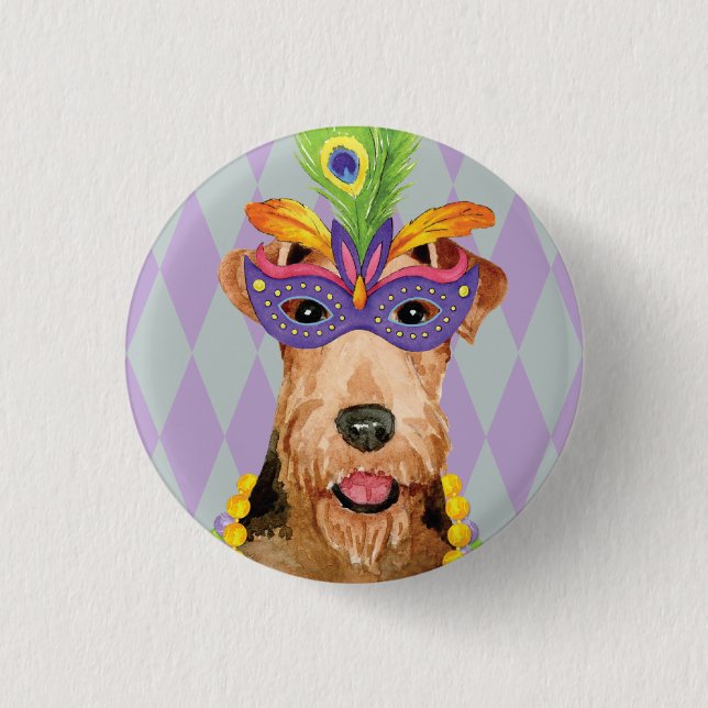 Mardi Gras Airedale 1 Inch Round Button (Front)