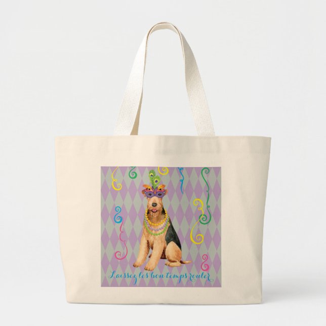 Mardi Gras Airedale Large Tote Bag (Front)