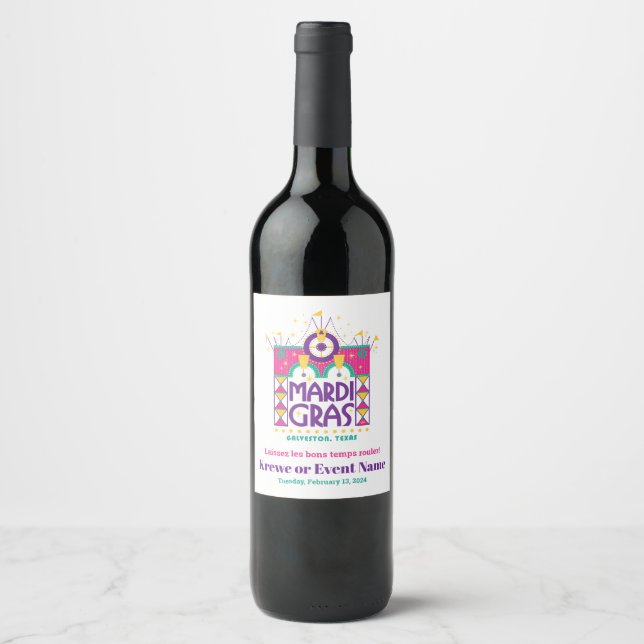 Mardi Gras Arch, Galveston, Texas Events Wine Label (Front)