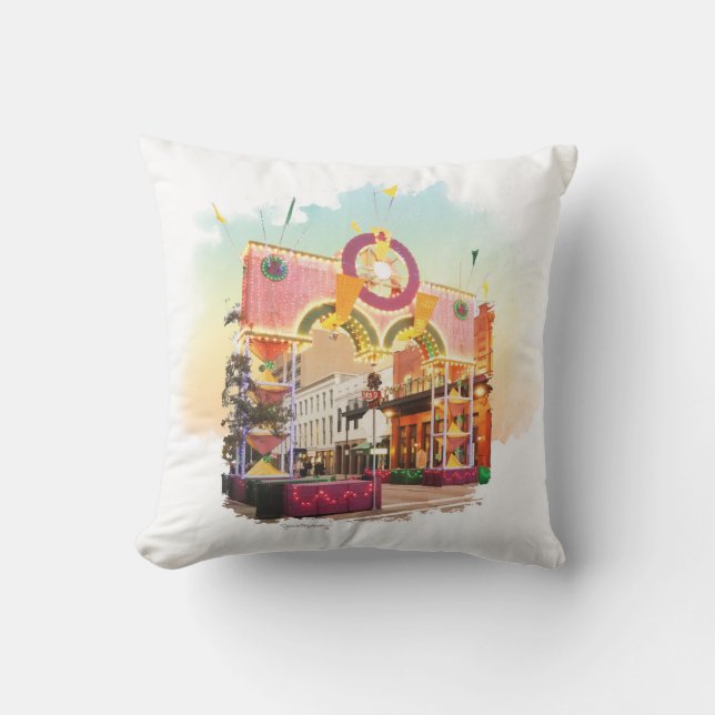 Mardi Gras Arch Galveston, watercolor inspired Throw Pillow (Front)