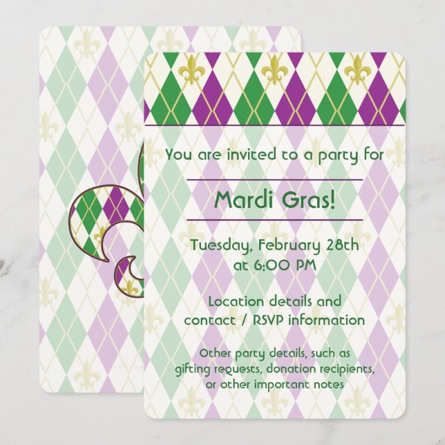 Mardi Gras Argyle Party Invitation (Front/Back)