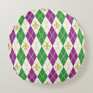 Mardi Gras Argyle Round Pillow
