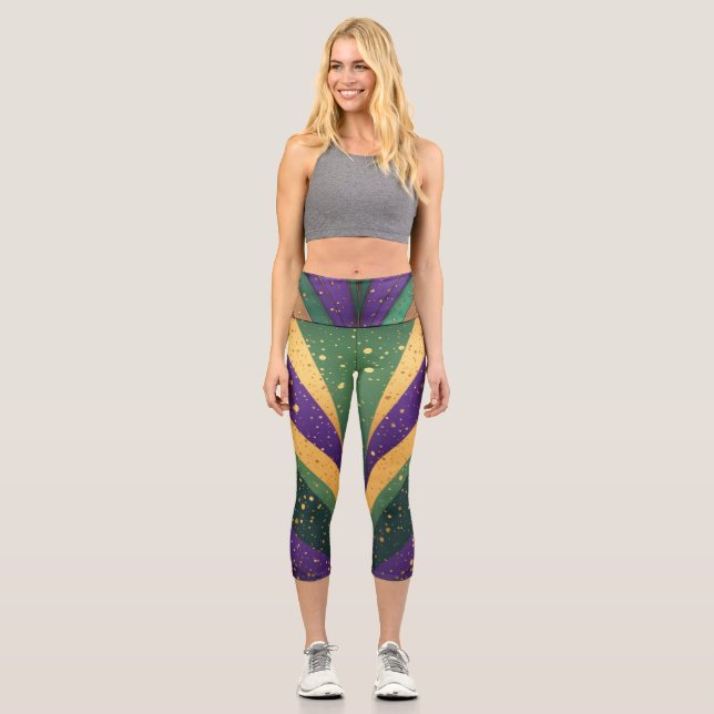 Mardi Gras Art Deco Purple Green Gold Dust Funky   Capri Leggings (Front)