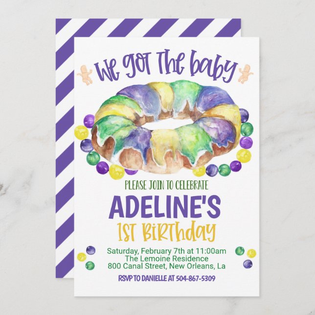 Mardi Gras Baby First Birthday Invitation (Front/Back)