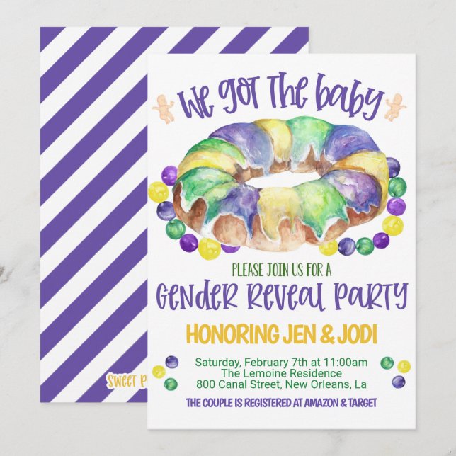 Mardi Gras Baby Gender Reveal Invitation (Front/Back)