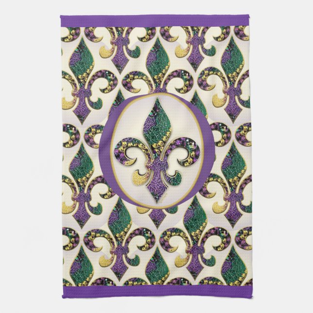 Mardi Gras Bead Fleur de lis Kitchen Towel (Vertical)
