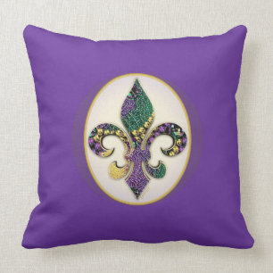 Mardi Gras Bead Fleur de lis Throw Pillow