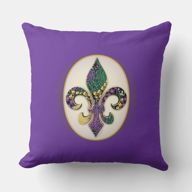 Mardi Gras Bead Fleur de lis Throw Pillow (Front)