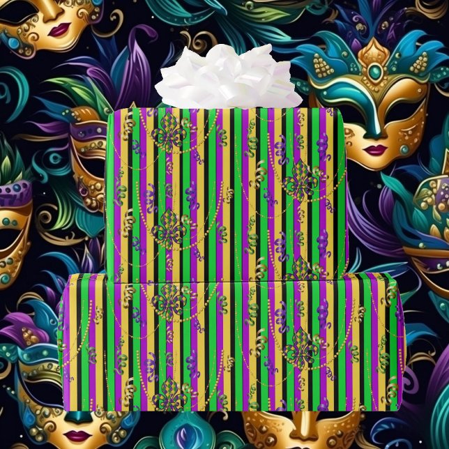 Mardi Gras Beads Fleur de Lis Purple Gold Green Wrapping Paper (Creator Uploaded)