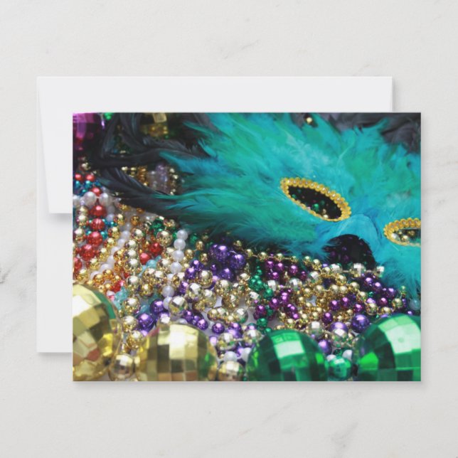 Mardi Gras Beads & Green Feather Mask Invitation (Front)