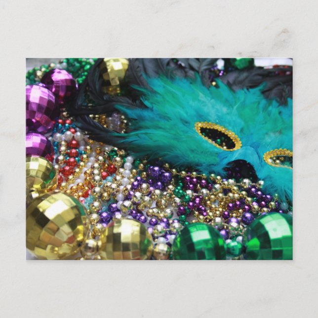 Mardi Gras Beads & Green Feather Mask Postcard (Front)