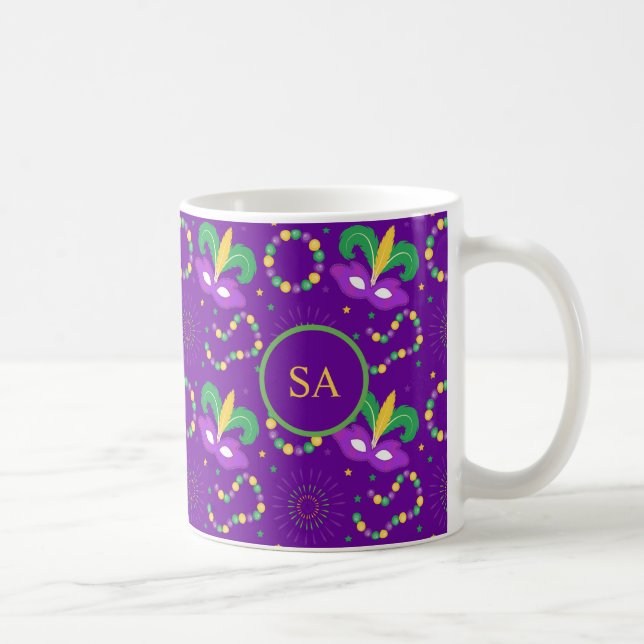 Mardi Gras Beads Mask Green Golden Purple  Coffee Mug (Right)
