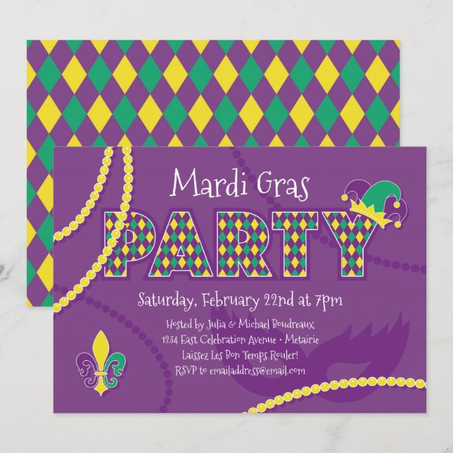 Mardi Gras Beads Party Invitation (Front/Back)