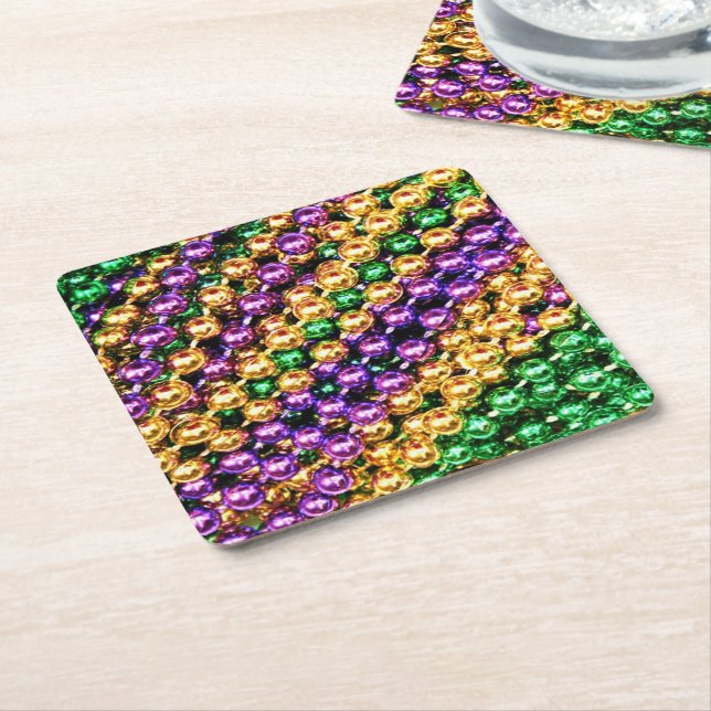 Mardi Gras Beads Square Paper Coaster (Angled)