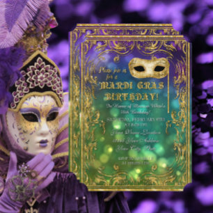 Mardi Gras Birthday Masquerade Mask Bokeh Gold Invitation