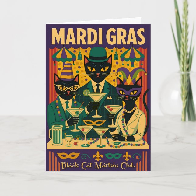 Mardi Gras Black Cat Martini Club Trio Card (Front)