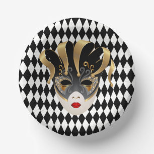 Mardi Gras Black & White Diamond  Paper Plate