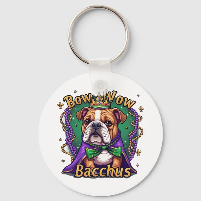 Mardi Gras Bow Wow Bacchus Bulldog  Keychain (Front)