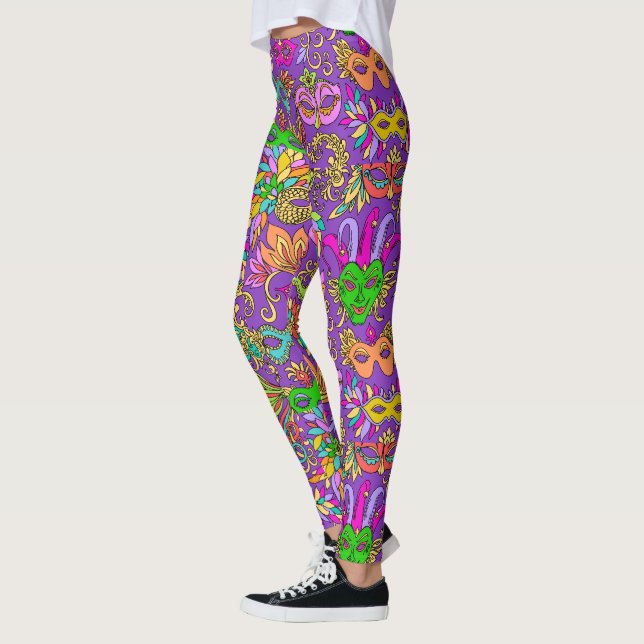 Mardi Gras Bright Purple Green Masquerade Masks Leggings (Left)