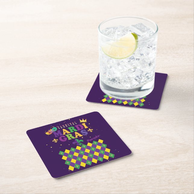 Mardi Gras Carnival Festive Fleur de Lis Diamond Square Paper Coaster (Insitu)