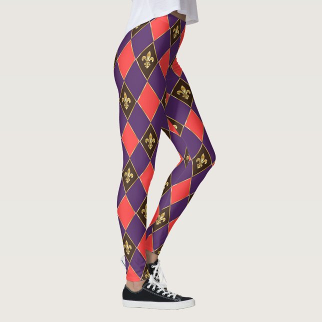 Mardi Gras Carnival Fleur de Lis Diamond Decor Leggings (Right)