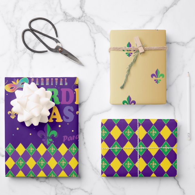 Mardi Gras Carnival Fleur de Lis Diamond Decor Wrapping Paper Sheet (Front)
