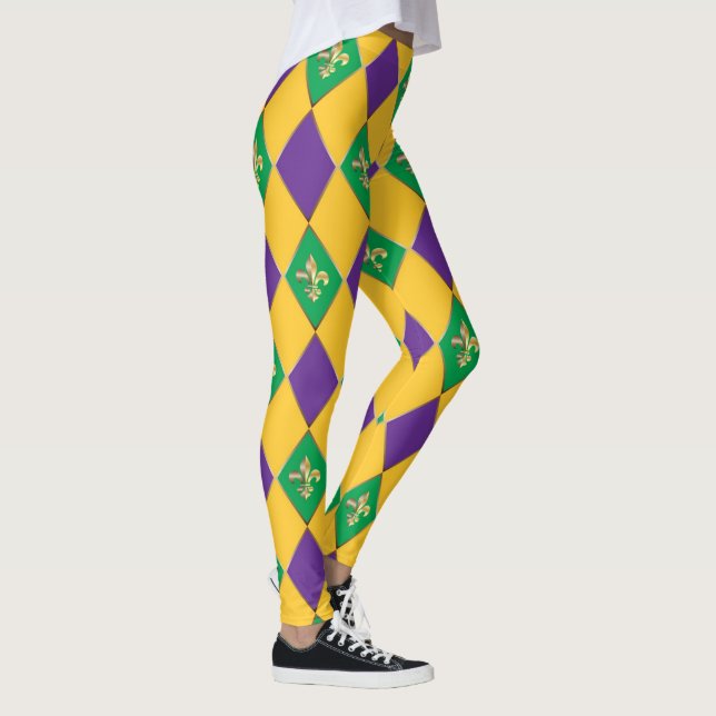 Mardi Gras Carnival Fleur de Lis Diamond Harlequin Leggings (Right)