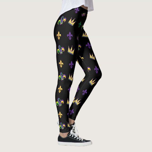 Mardi Gras Carnival Fleur de Lis Diamond Harlequin Leggings (Right)