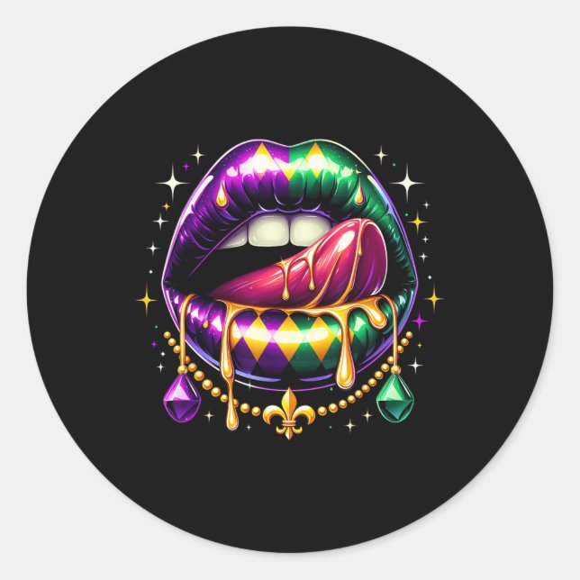 Mardi Gras Carnival Lips New Orleans 2025 Men Wome Classic Round Sticker (Front)