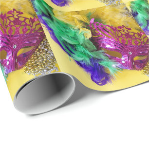 Mardi Gras Carnival Mask Feather Boa Beads Wrapping Paper