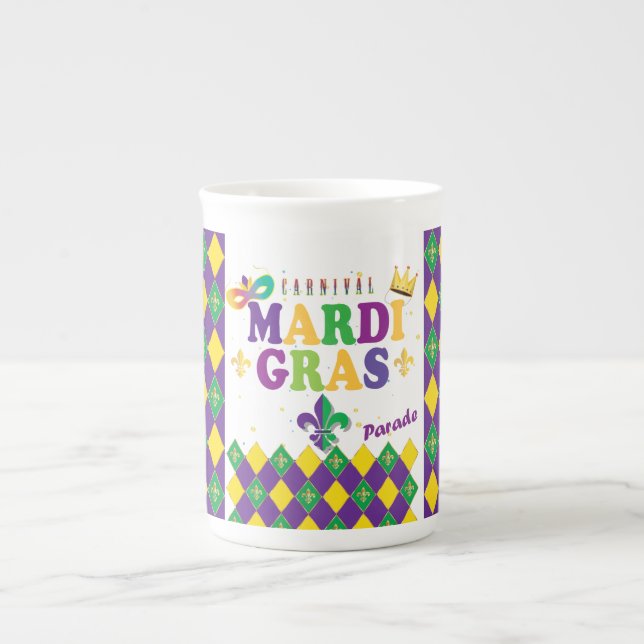Mardi Gras Carnival Party Fleur de Lis Rhombus Bone China Mug (Front)