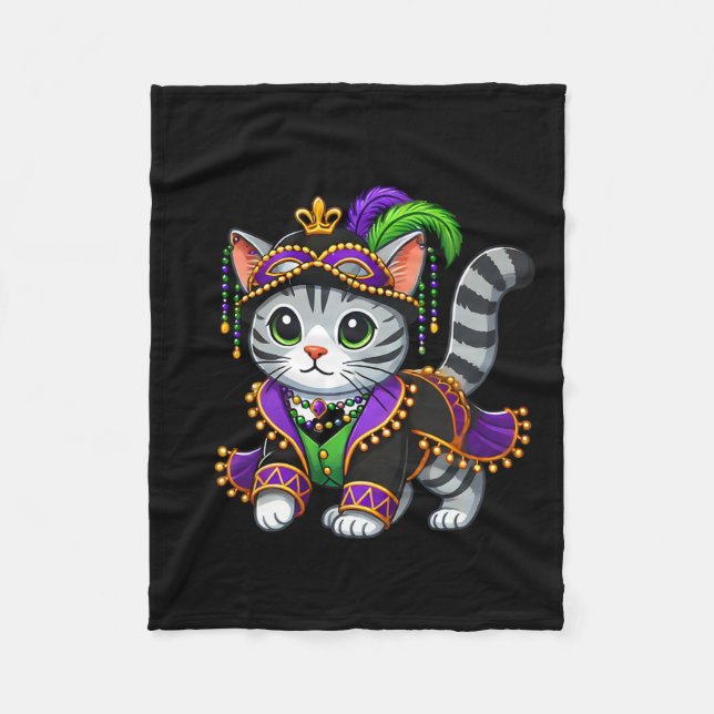 Mardi Gras Cat  Fleece Blanket (Front)